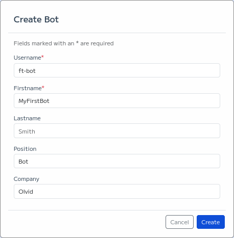 Formulaire pour créer un nouveau bot dans la console d'administration Keycloak.