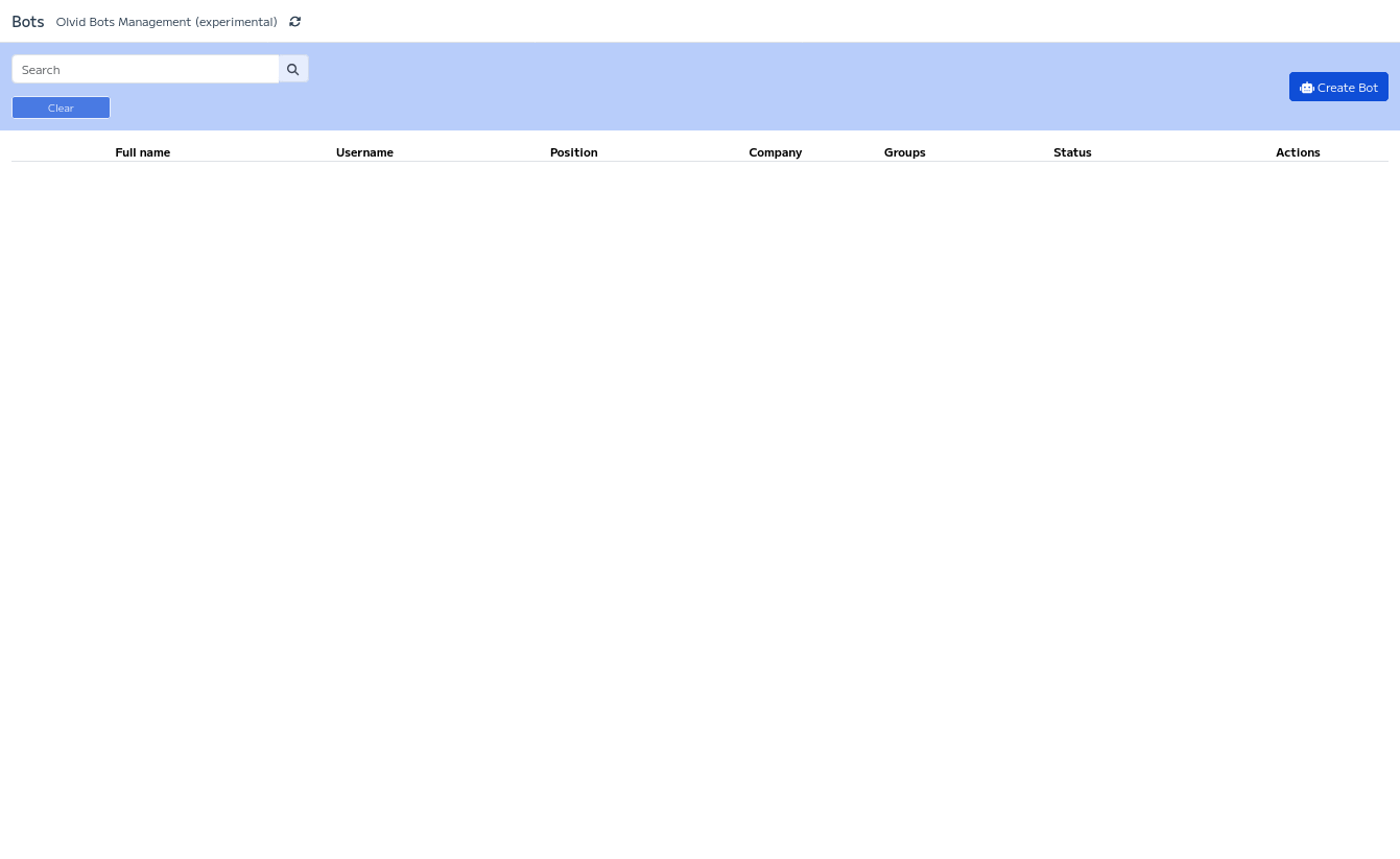Page de gestion des bots dans la console d'administration Keycloak.